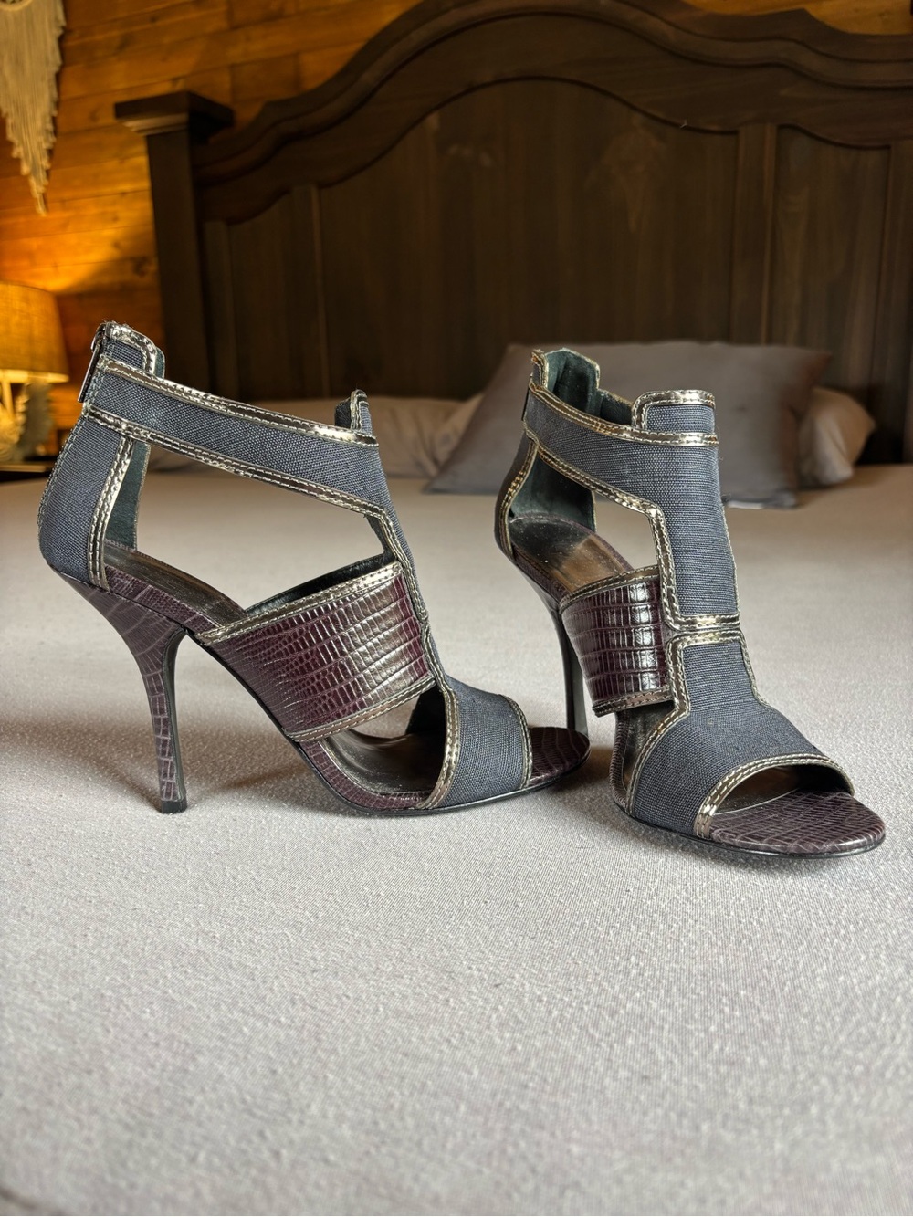 Tory Burch Geoff Caged Stiletto Sandals, Denim, Crocodile, Size 9